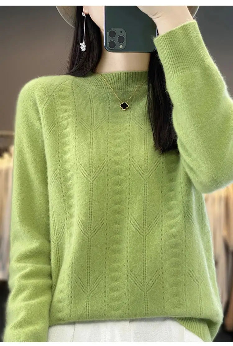Women Stylish Simple Hollow Soft Cashmere Basic Knitted Sweater Solid O Neck Long Sleeve Loose