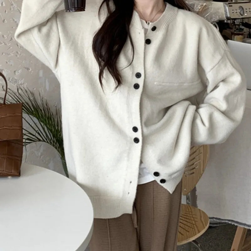 Single Breasted Knitted Cardigan for Women Loose Crew Neck Long Sleeve