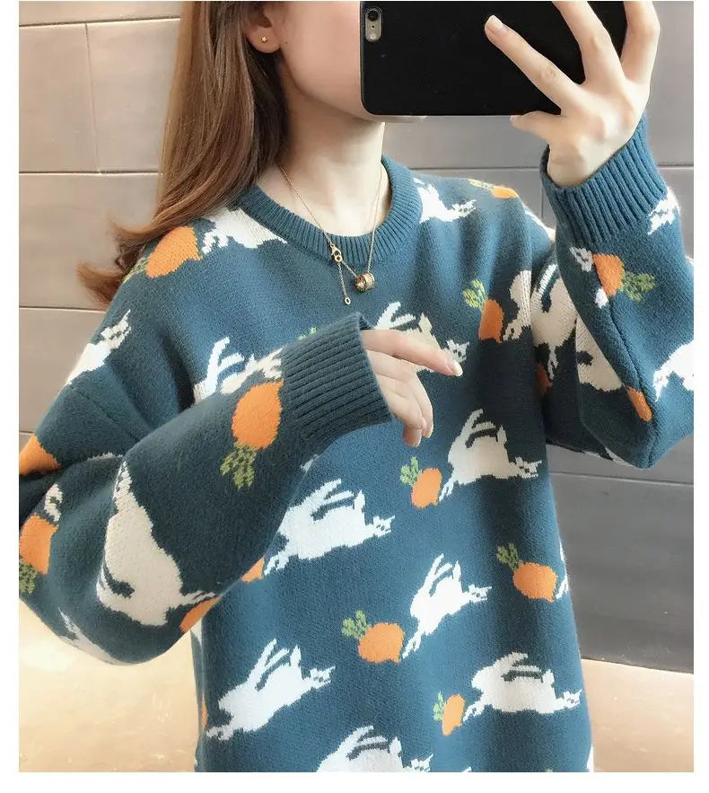 Retro Medium to Long Length Outerwear Fashionable Versatile Women s Sweater Wide Elastic Knitted