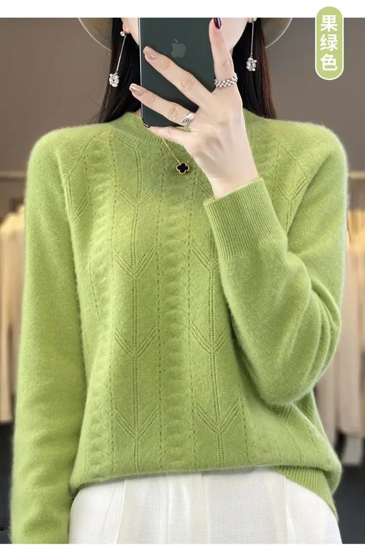 Women Stylish Simple Hollow Soft Cashmere Basic Knitted Sweater Solid O Neck Long Sleeve Loose