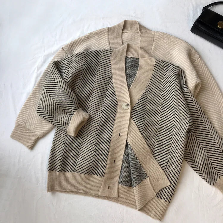 Bornladies Dames Trui Herfst Winter V-hals Gestreept Losvallend Cardigan