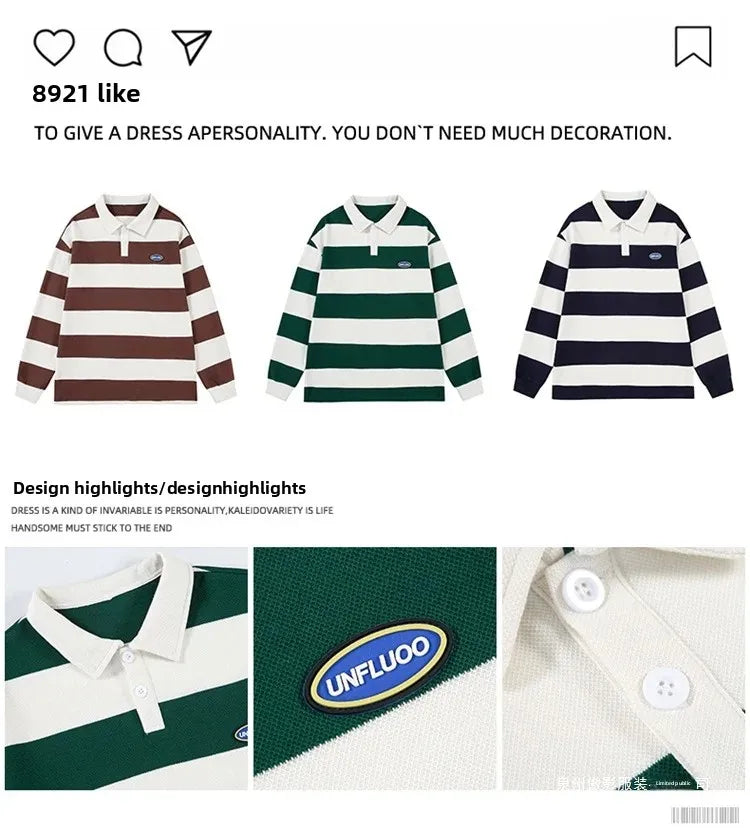 Loose Unisex Spring Autumn Trendy Striped Sweatshirt Cotton Polyester Material Couple Hong Kong