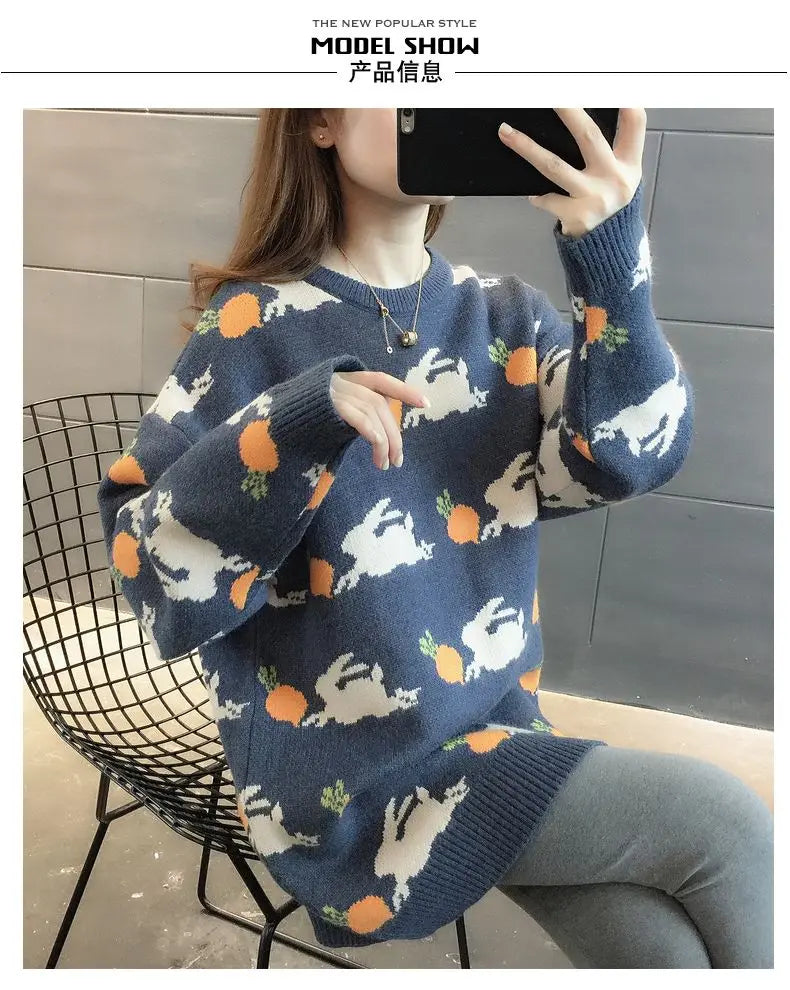 Retro Medium to Long Length Outerwear Fashionable Versatile Women s Sweater Wide Elastic Knitted