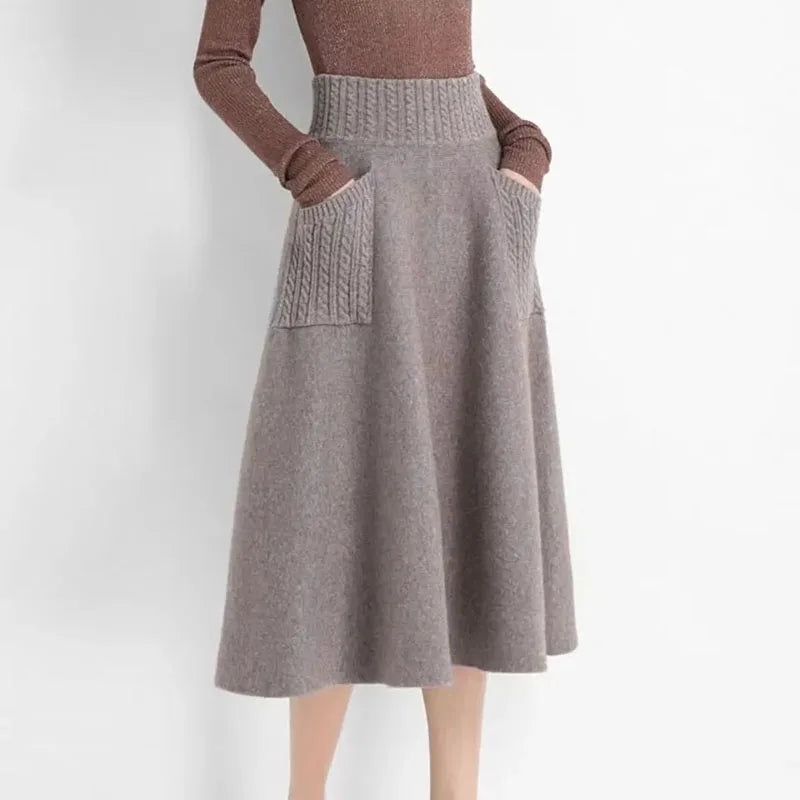Biyaby Winter Dames Gebreide Midi Rokken Koreaanse Twee Zakken Katoenen Lange Rok
