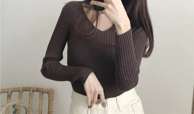 Heliar Dames V-hals Slim Sexy Trui Gebreid Lange Mouw Effen Onderkant Trui