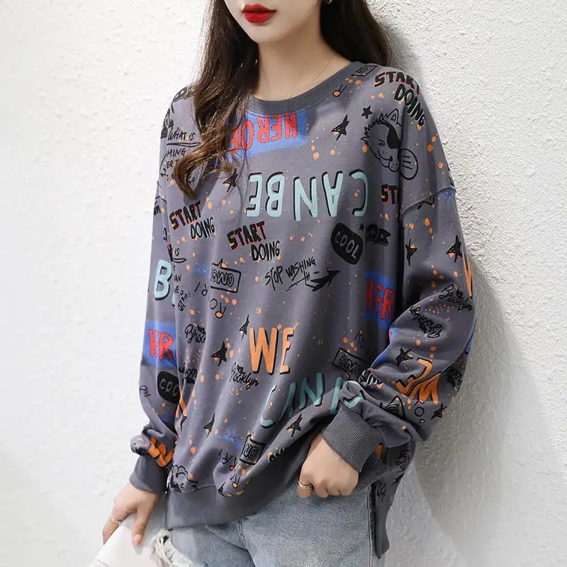 Classic Fashion Printing Letter Sweatshirts Women Long Sleeve Loose O collar Slim Casual All match