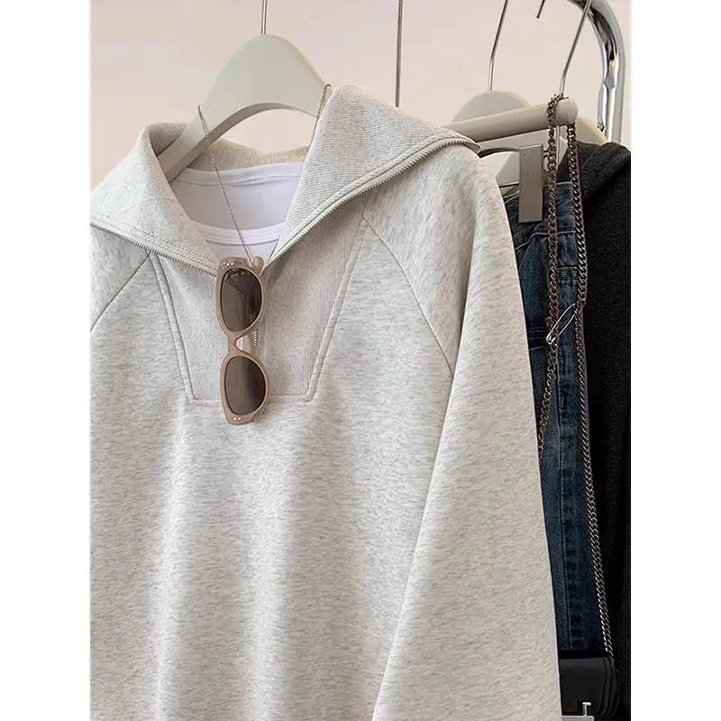 Large Size Age-reducing Cartoon Half-zipper Plus Velvet Sweatshirt Coat  Women Loose Slim Jacket