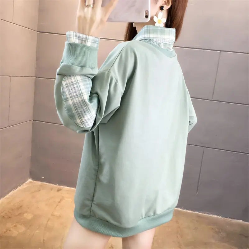 Fake Two Hoodies voor vrouwelijke studenten Koreaans ontwerp Patchwork Dun Lange mouwen Los Veelzijdig