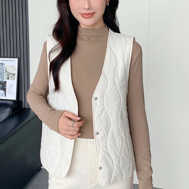 Lichtgewicht katoenen vestjas voor dames, Koreaanse V-hals, warm, mouwloos