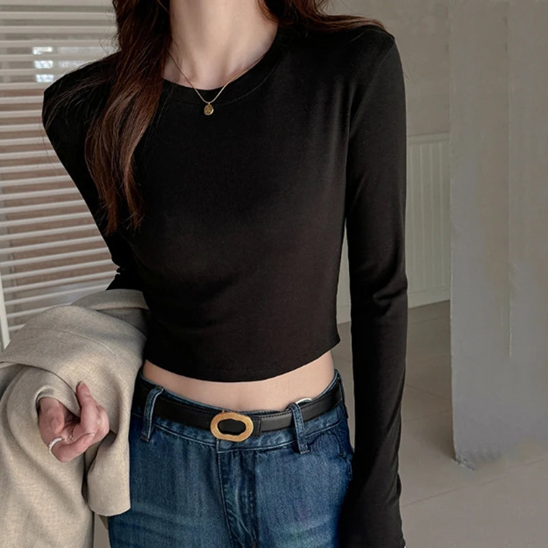 Basic effen kleur crop T-shirt dames lente herfst chique lange mouwen truien