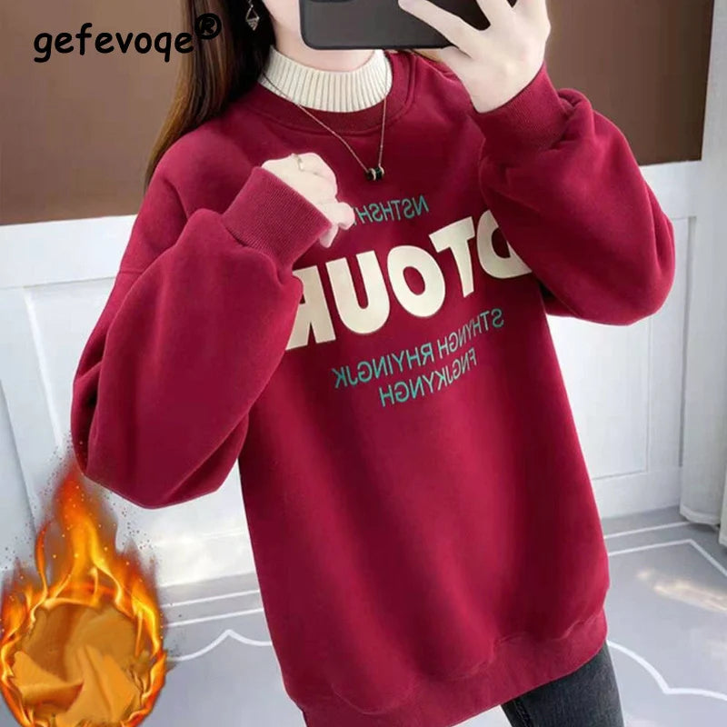Dames Winter Koreaanse Letter Gedrukt Halfhoge Kraag Dikke Warme Streetwear Sweatshirt Vrouwelijke Casual
