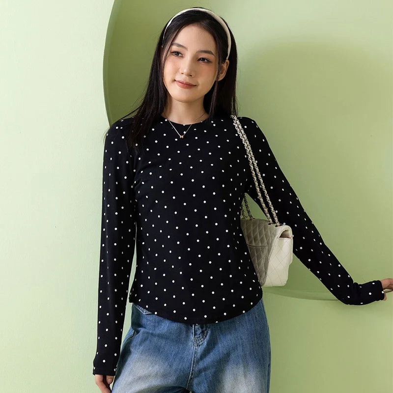American Vintage Polka Dot Pullovers Women Spring Autumn Slim Fit Long Sleeve
