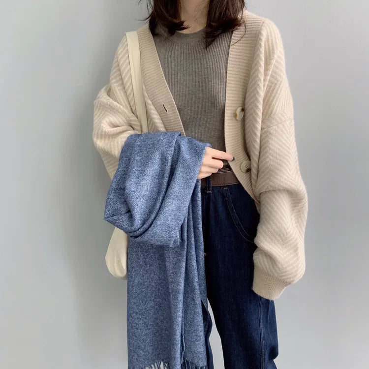 Bornladies Dames Trui Herfst Winter V-hals Gestreept Losvallend Cardigan