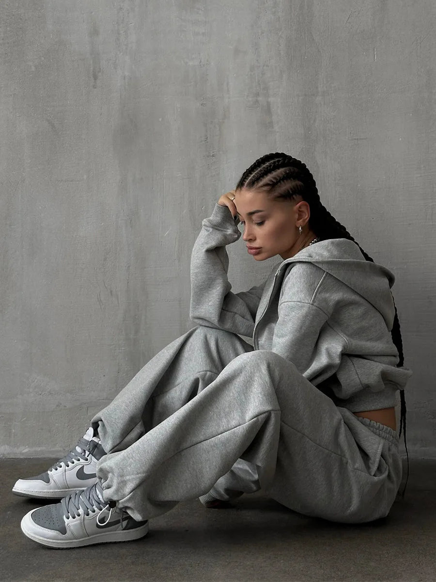 Bornladies Dames Cropped Hoodie Sweatpants Set Losse Trekkoord Taille Ritssluiting