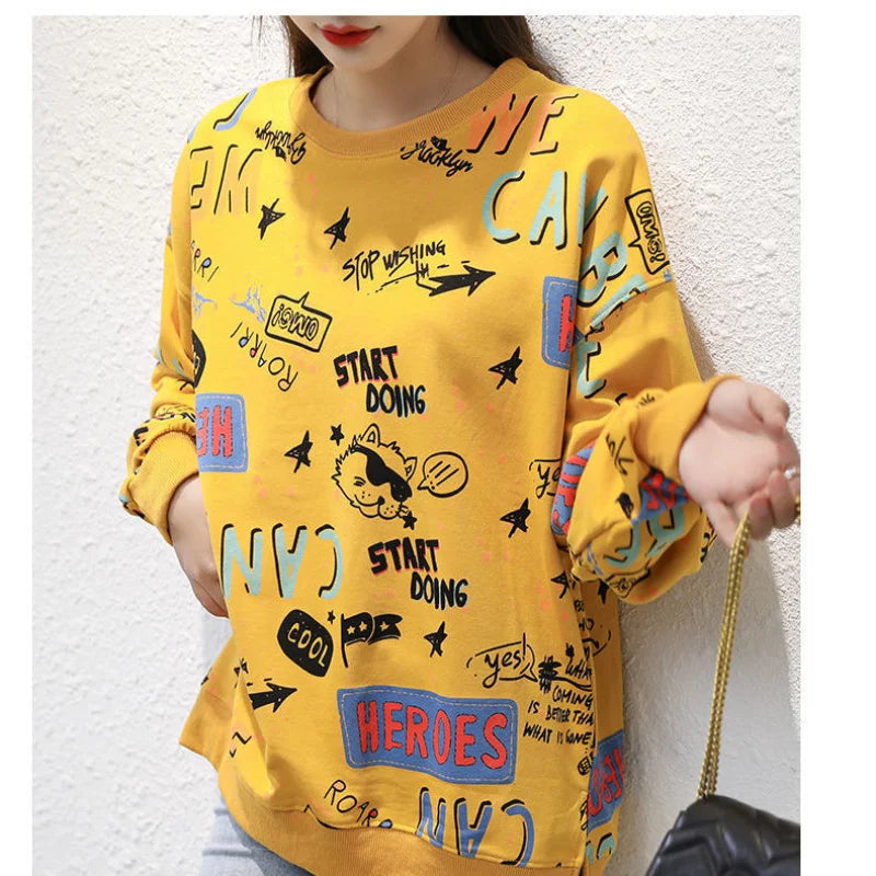 Classic Fashion Printing Letter Sweatshirts Women Long Sleeve Loose O collar Slim Casual All match