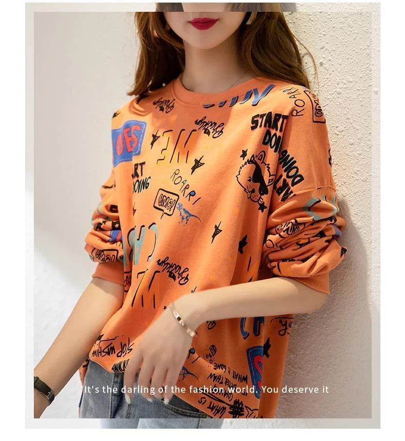 Classic Fashion Printing Letter Sweatshirts Women Long Sleeve Loose O collar Slim Casual All match