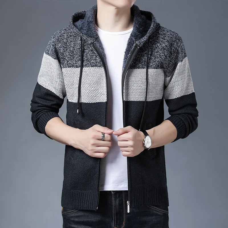 Men s Casual High Neck Long Sleeve Knitted Hoodie Coat Velvet Warmth Autumn Winter Fashion Multi