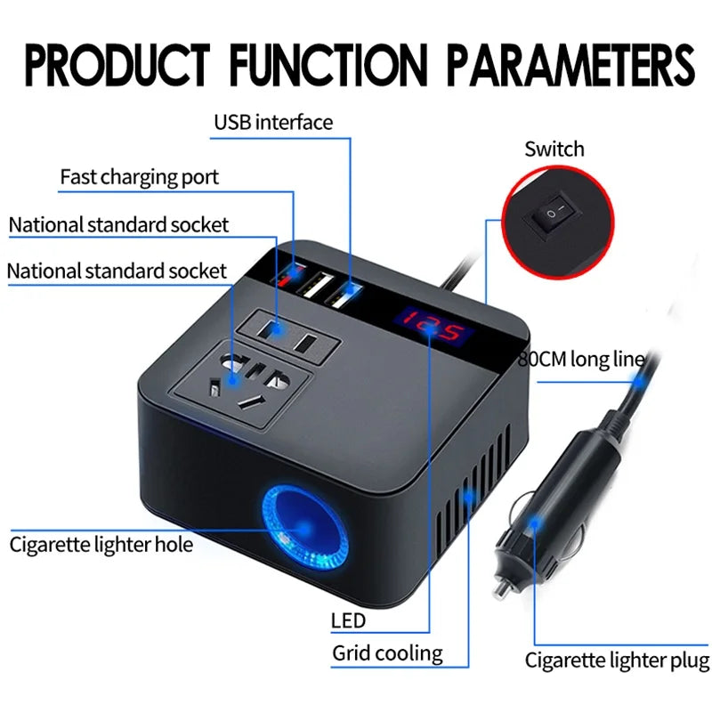 Car Inverter 150w Peak Dc12v 24V to 110v 220v LED Display Sockets Power Inverter