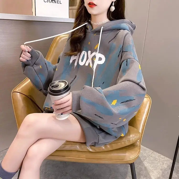 Hoodie met capuchon en flanellen stof voor dames, Koreaanse versie, losse top met middellange mouwen, jas in luie stijl