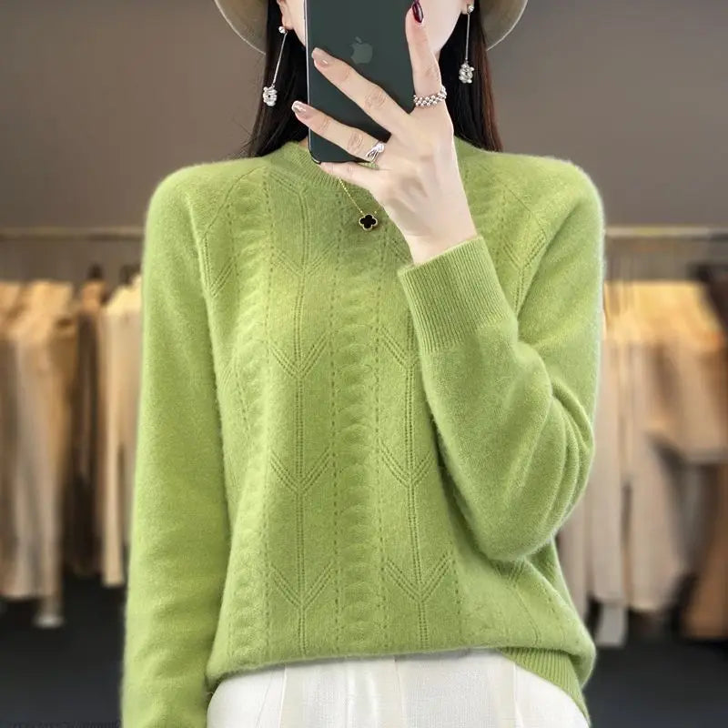 Women Stylish Simple Hollow Soft Cashmere Basic Knitted Sweater Solid O Neck Long Sleeve Loose