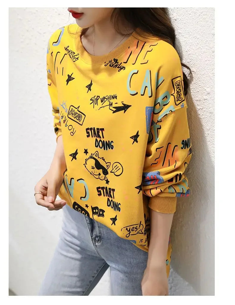 Classic Fashion Printing Letter Sweatshirts Women Long Sleeve Loose O collar Slim Casual All match