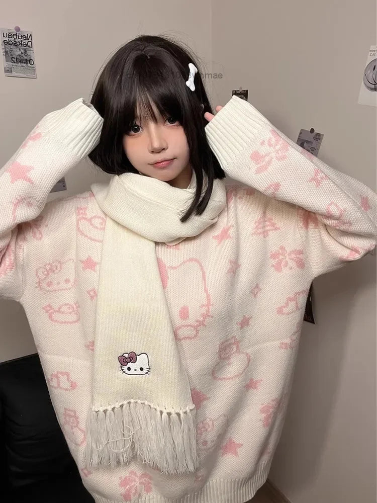 Kerst Hello Kitty schattige gebreide trui met sjaal voor vrouwen Y2k