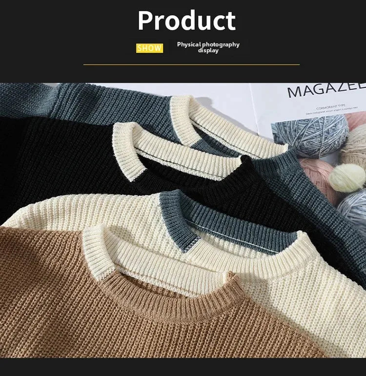 Casual round Neck Knitted Sweater Men s Base Layer Trendy Autumn Winter Style