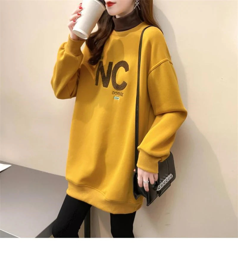 Autumn Winter High Collar Long Sleeve Fleece Thick Oversize Streetwear Female Sweatshirt Fake 2