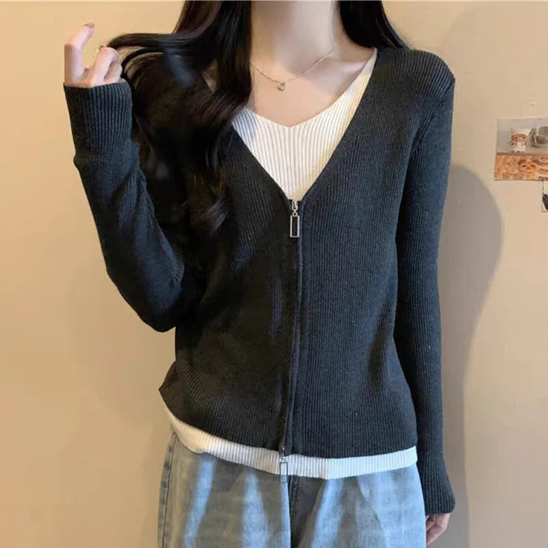 Mode valse tweedelige trui dames lente herfst mix kleur V-hals gebreid