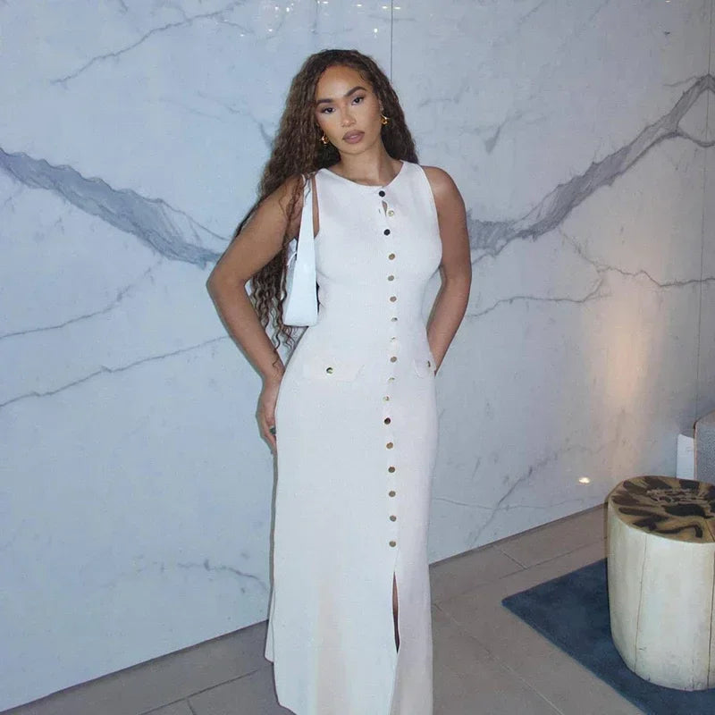 Elegante mouwloze enkelrijs geribbelde truien lange jurk voor dames hoog