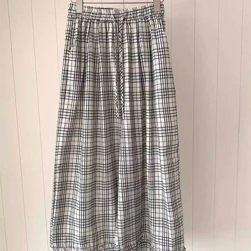Zomer casual geruite lange broek voor vrouwen met trekkoord en wijde pijpen, losse broek voor vrouwen