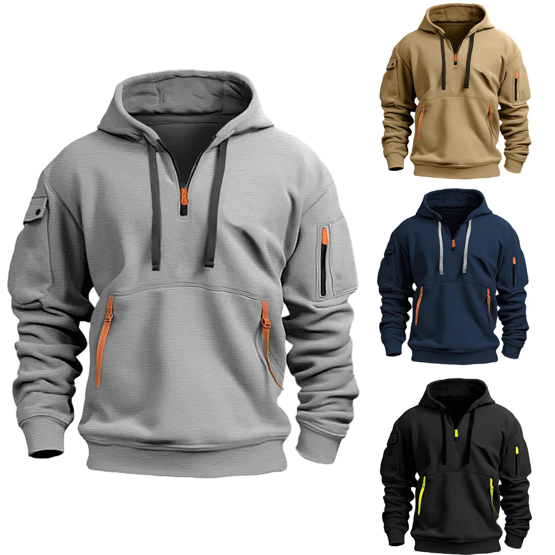 Multi Pocket Zipper Fleece Hooded Casual Shirt for Men and Women Plus Size Loose