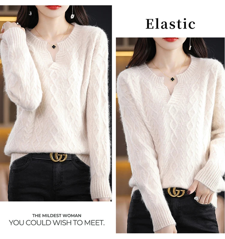 Pure Mink Cashmere Trui Dames V-hals Dikke Brei Trui Mode Jacquard