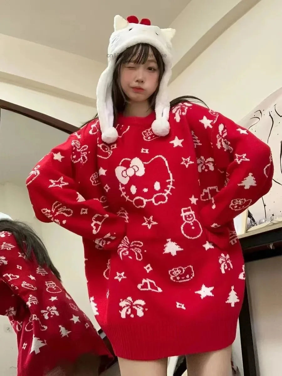 Kerst Hello Kitty schattige gebreide trui met sjaal voor vrouwen Y2k