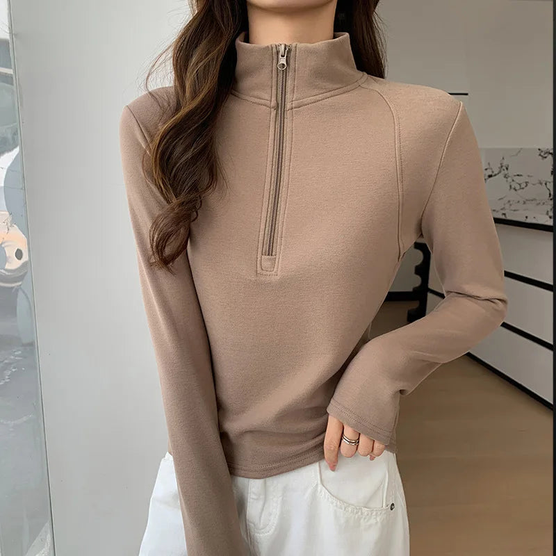 Herfst Winter Fleece Warme Sweatshirts Dames Chique Halfhoge Kraag Truien
