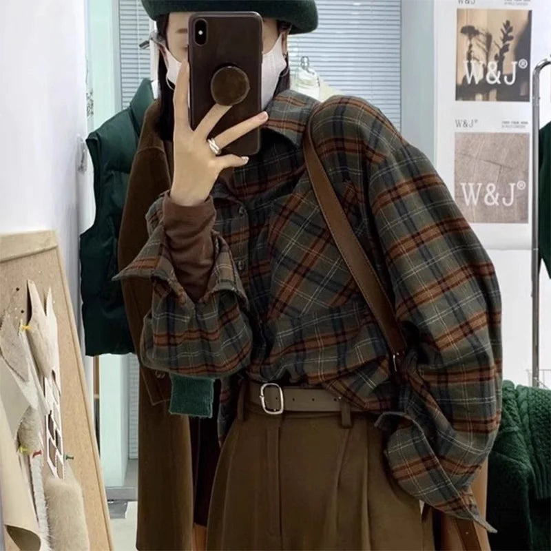 All Match Mix Color Plaid Shirts Dames Herfst Winter Enkelrijs Lange Mouw