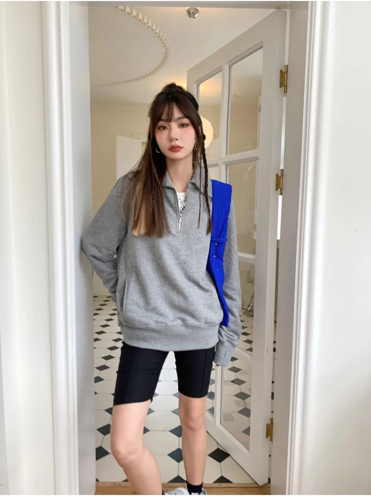 Herfst Winter BM Collar Polo Hoodie met rits voor dames met dikke fluweel en losse capuchon