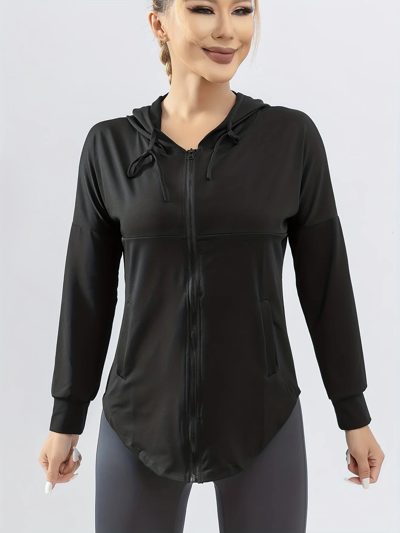 Sportjas met capuchon voor dames, los hardloopjack, grote maat, fitnesskleding, sneldrogend