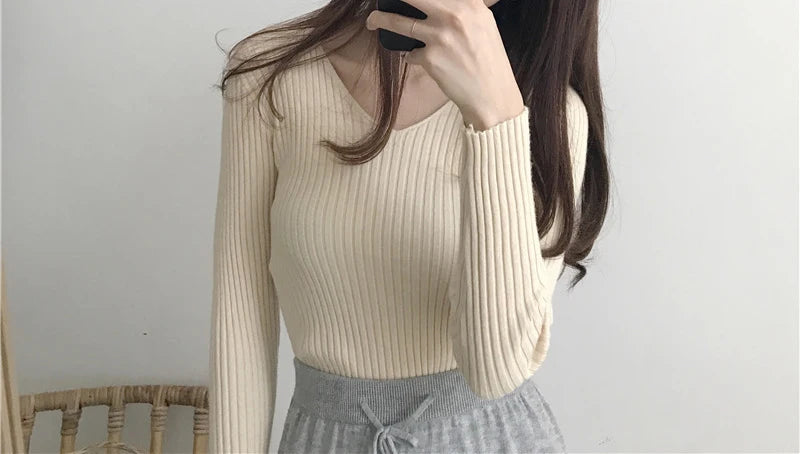 Heliar Dames V-hals Slim Sexy Trui Gebreid Lange Mouw Effen Onderkant Trui