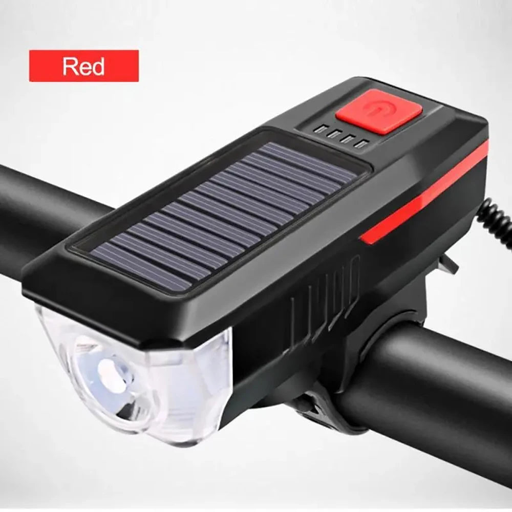 3 standen zonne-fiets koplamp met hoorn, USB oplaadbaar, LED berg