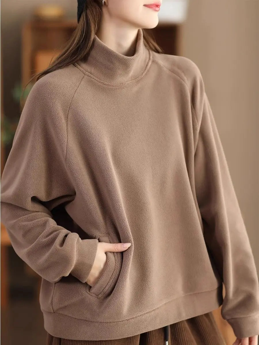 Herfst Winter Mode Hoge Kraag Lange Mouw Effen Jassen Sweatshirt Dameskleding Koreaans Los