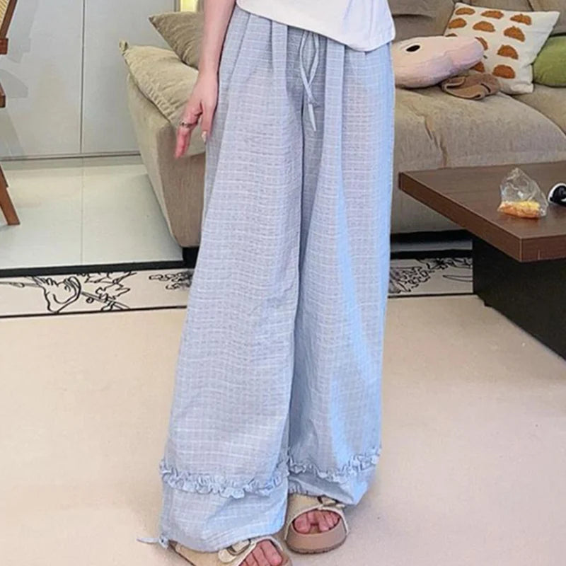 Zomer casual geruite lange broek voor vrouwen met trekkoord en wijde pijpen, losse broek voor vrouwen