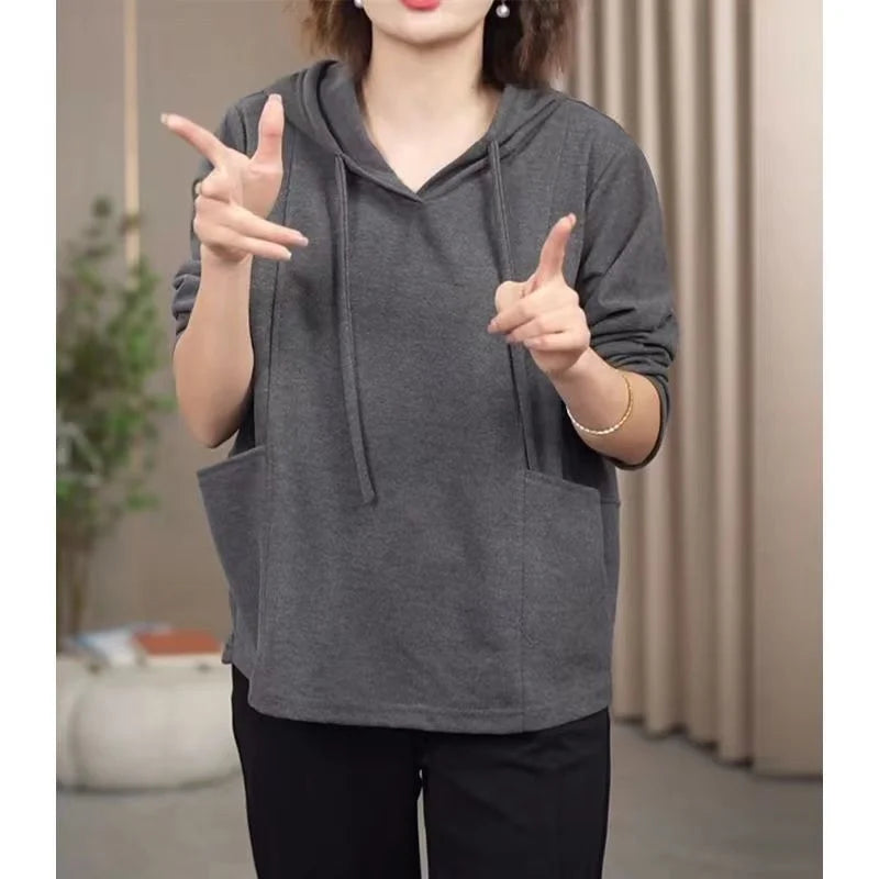 Large Pocket Meat covering Hooded Sweatshirt Women s Spring and Autumn Style Loose Hips Wear Tops
