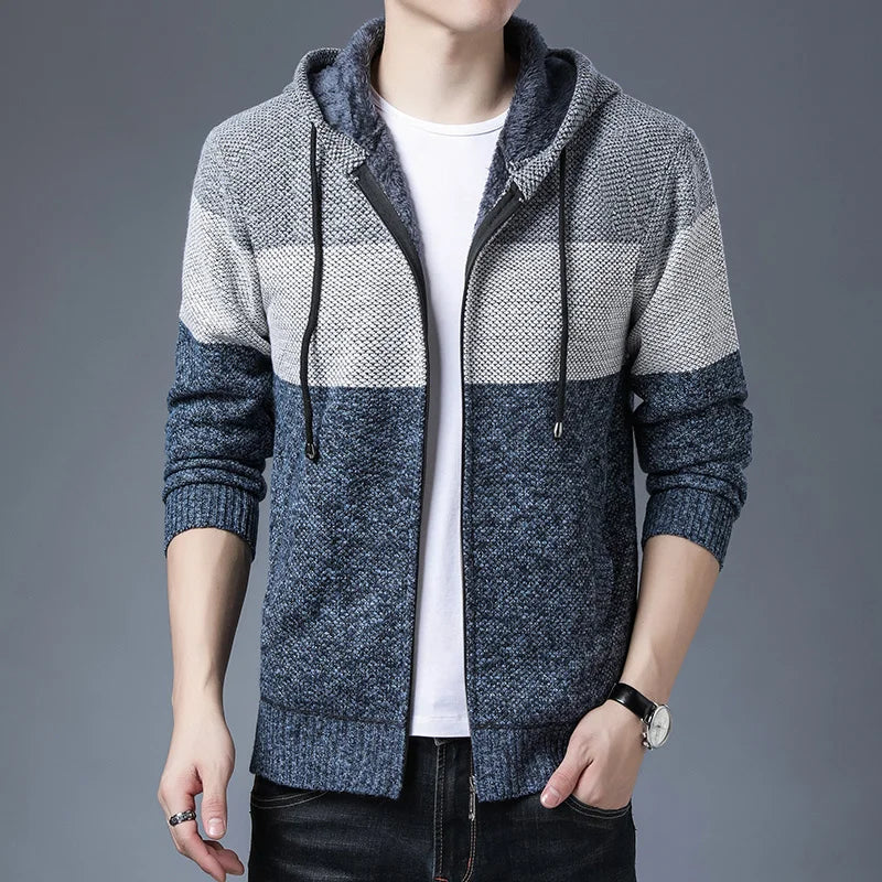 Men s Casual High Neck Long Sleeve Knitted Hoodie Coat Velvet Warmth Autumn Winter Fashion Multi