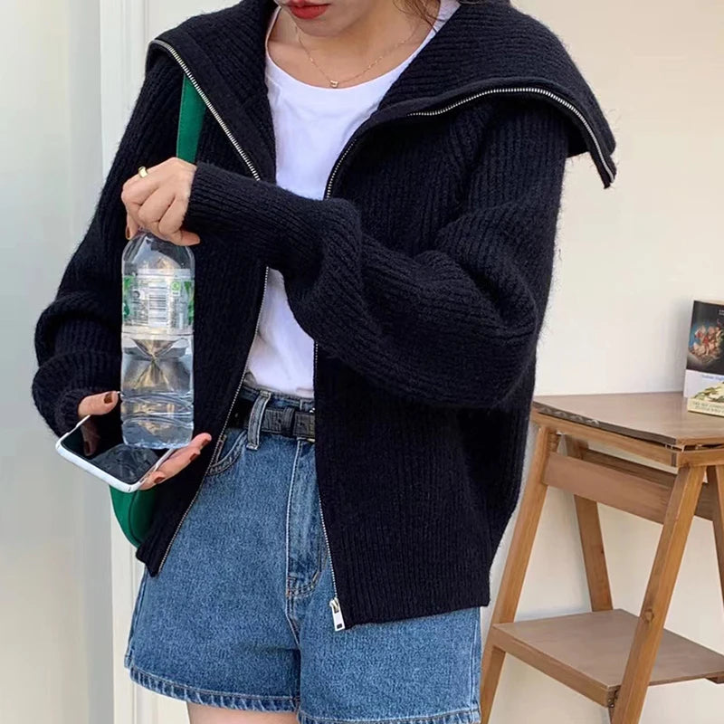 Heliar Dames Rits Cardigan Trui Omslagkraag Effen Gebreid Los Casual