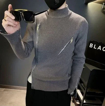 Motorcycle Men s Clothing Turtleneck Pullovers Zipper Knit Sweater Male High