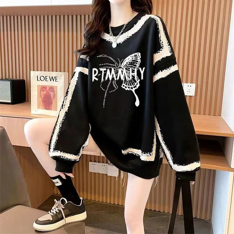 Dameskleding Koreaanse vlinderprint streetwear Y2K sweatshirt casual oversized tuniek hoodie O