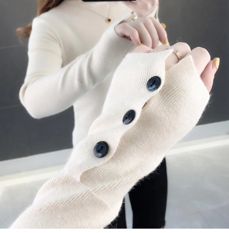 Heliar Dames Turtleneck Knopen Effen Warme Trui Lange Mouw Gebreid Basic