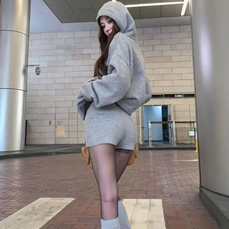 Retro Girl Grijs Gebreide Rits Hoodie Y2k Amerikaans Pak Dames Hoge Taille