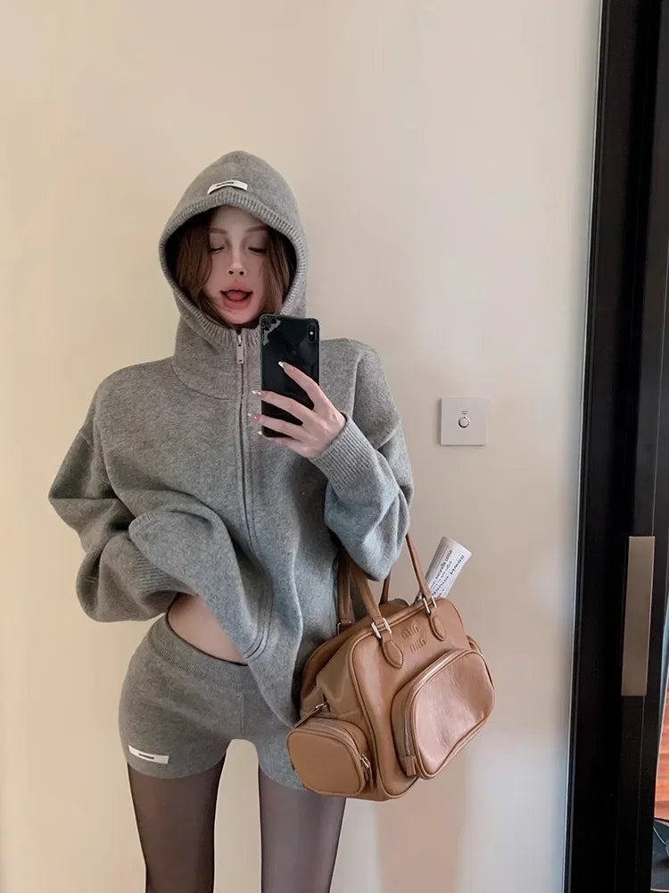 Retro Girl Grijs Gebreide Rits Hoodie Y2k Amerikaans Pak Dames Hoge Taille